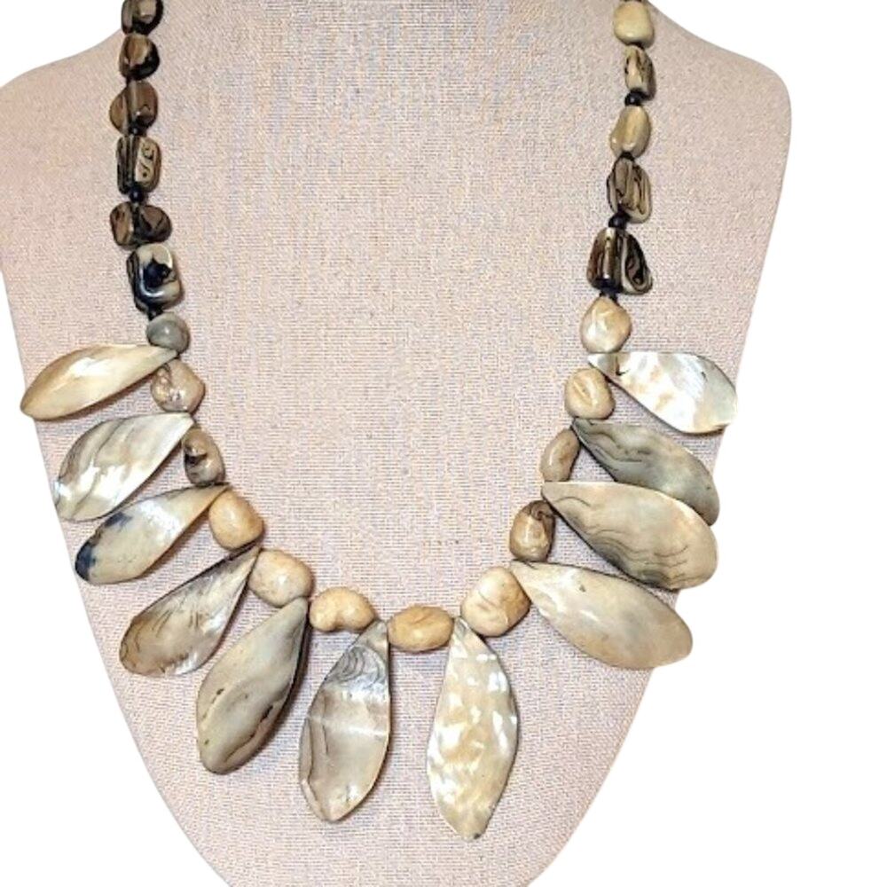 Vintage Mother of Pearl Leaves/Petal Beaded Necklace with Ornate Clasp